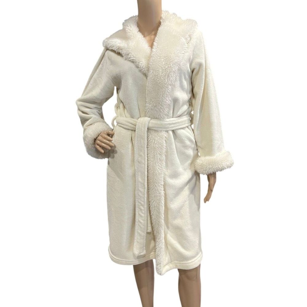 POTTERY BARN Plush Faux Fur Lined Hooded Sherpa Trim Bathrobe Ivory Sz S
